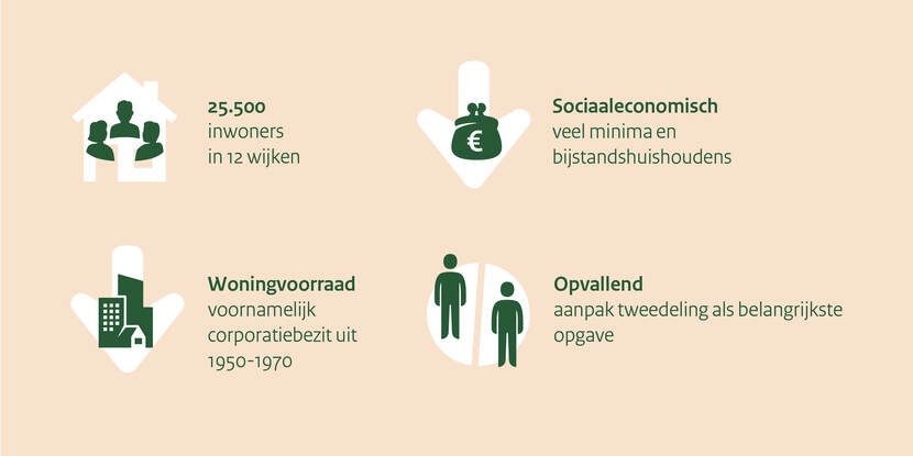 Op deze visual zijn de kenmerken van het gebied Breda Noord te zien. Er leven 25.5000 inwoners in 12 wijken. Op sociaaleconomisch gebied zijn er veel minima en bijstandshuishoudens. De woningvoorraad bestaat voornamelijk uit corporatiebezet uit 1950-1970. Opvallend is dat de aanpak van de tweedeling de belangrijkste opgave is.