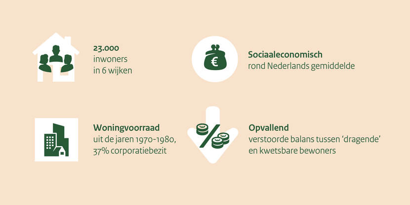 Op deze visual zijn de kenmerken van gebied Nieuwegein Centrale As te zien. Er leven 23.000 inwoners in 6 wijken. Sociaaleconomisch zit dit gebied rond het Nederlandse gemiddelde. De woningvoorraad komt uit de jaren 1970-1980 en 37% is corporatiebezit. Opvallend is dat er een verstoorde balans tussen 'dragende' en kwetsbare bewoners is.