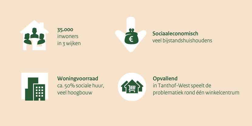 Op deze visual zijn de kenmerken van gebied Delft-West te zien. Er leven 35.000 inwoners in 3 wijken. Op sociaaleconomisch gebied zijn er veel bijstandshuishoudens. De woningvoorwaard bestaat uit circa 50% sociale huur en veel hoogbouw. Opvallend is dat in Tanthof-West de problematiek zich afspeelt rond één winkelcentrum.