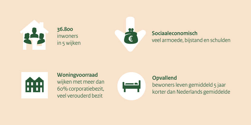 Op deze visual zijn de kenmerken van gebied Leeuwarden Oost te zien. Er leven 36.800 inwoners in 5 wijken. Op sociaaleconomisch gebied is er veel armoede, bijstand en schulden. De woningvoorraad bestaat uit wijken met meer dan 60% corporatiebezit en veel bezit is verouderd. Opvallend is dat bewoners hier gemiddeld 5 jaar korter leven dan het Nederlands gemiddelde.