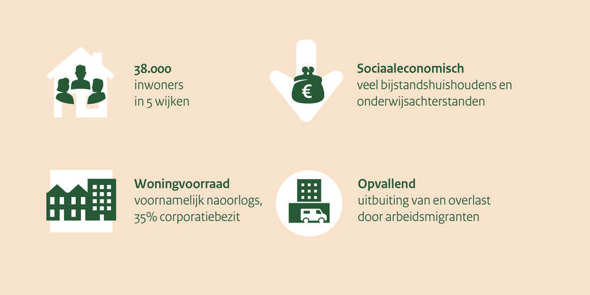 Op deze visual zijn de kenmerken van gebied Roosendaal Ring te zien. Er leven 38.000 inwoners in 5 wijken. Op sociaaleconomisch gebied zijn er veel bijstandshuishoudens en onderwijsachterstanden. De woningvooraad bestaat voornamelijk uit naoorlogse woningen, en 35% is corporatiebezit. Opvallend is de uitbuiting van en overlast door arbeidsmigranten.