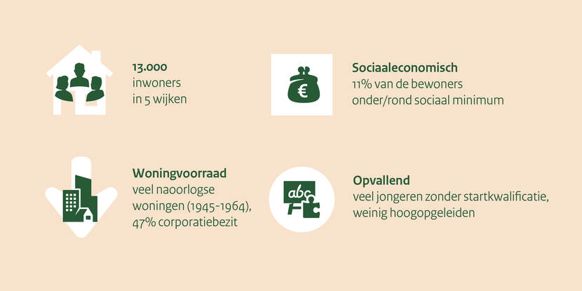 Op deze visual zijn de kenmerken van gebied Vlaardingen Westwijk te zien. Er wonen 13.000 inwoners in 5 wijken. Op sociaaleconomisch gebied leeft 11% van de bewoners onder of rond het sociaal minimum. De woningvoorraad bestaat uit veel naoorlogse woningen (1945-1964). 47% is corporatiebezit. Opvallend is dat er veel jongeren zonder startkwalificatie zijn en weinig hoogopgeleiden.